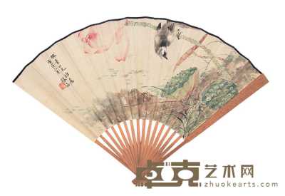 张大壮 庚寅（1950年）作 荷塘生趣 成扇 18.8×51cm